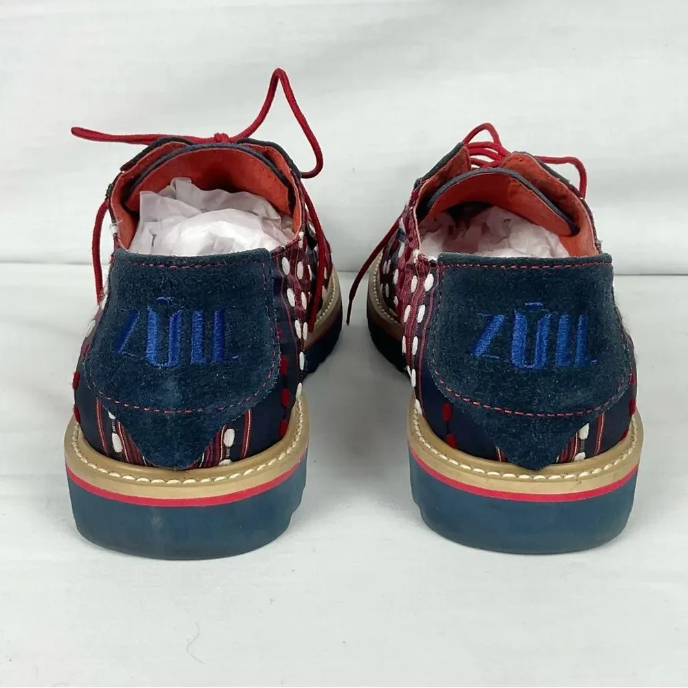 Zull Yakard Textile Oxfords Blue & Red Shoes Mens Size 8.5 Derby Lace-Up